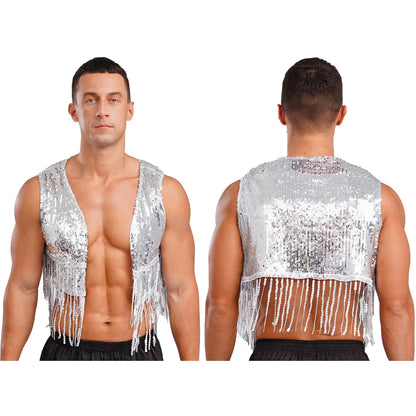 Mens Cowboy Western Costume Shiny Vintage 70s Disco Costumes Fringe Sequin Waistcoat Sleeveless Open Front Cropped Vest Cardigan