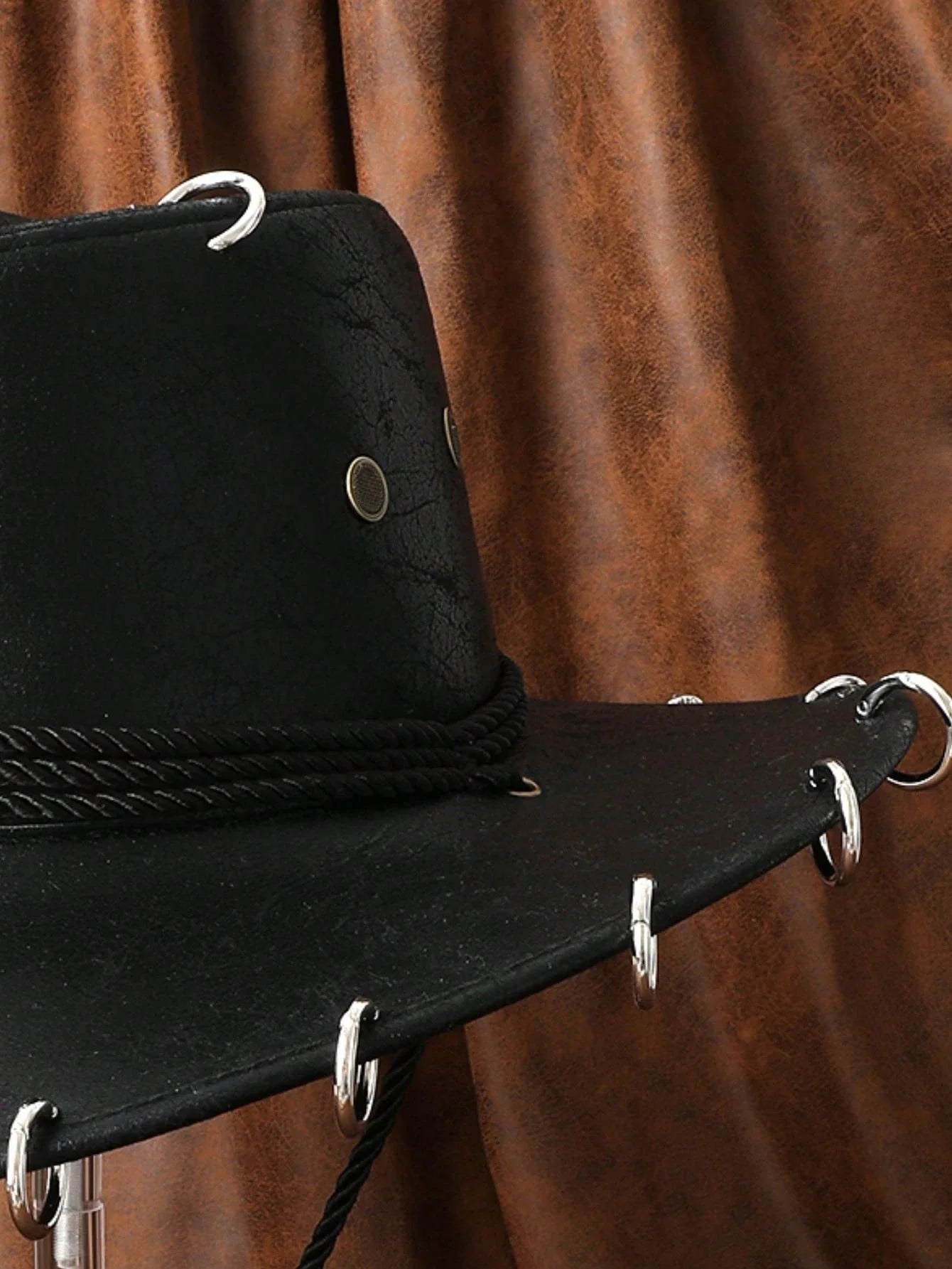 HongLuan – Chapeau de cowboy unisexe en cuir PU noir réglable, style occidental, idéal pour les voyages, avec badge tête de taureau, pour l'extérieur