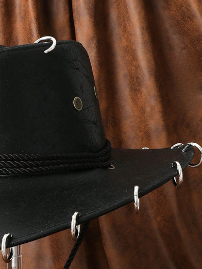 HongLuan – Chapeau de cowboy unisexe en cuir PU noir réglable, style occidental, idéal pour les voyages, avec badge tête de taureau, pour l'extérieur