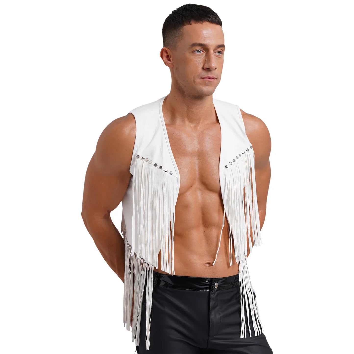 Men Halloween Western Cowboy Cosplay Costume Faux Suede Tassel Rivets Vest Waistcoat Motorcycling Rave Party Nightclub Outerwear