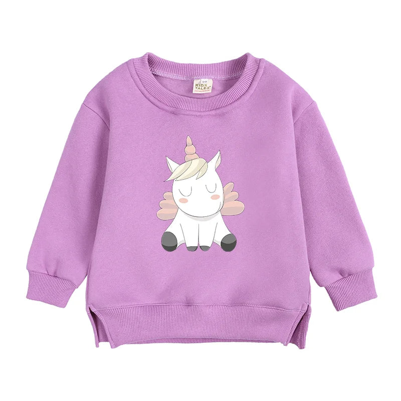 2024 Sweat-shirt polaire Licorne pour enfants, automne, 6 mois-7 ans, col rond, dessin animé, vêtements pour adolescents, garçons et filles, tenues de sport décontractées, costume