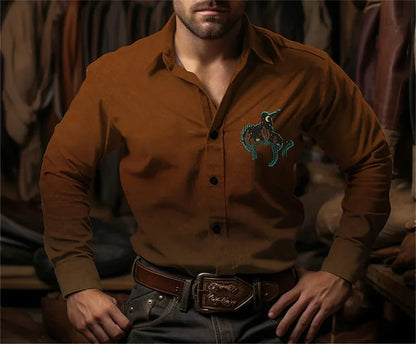 Western Cowboy Flower Printed Long Sleeve Shirt for Spring and Summer Comfortable Soft Fabric Party Men's Collar Shirt