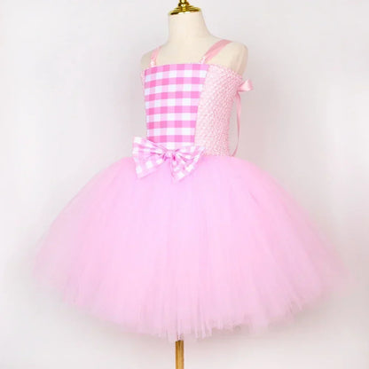 Movie Barbi Costume for Girls Margot Robbie Pink Plaid Tulle Tutu Dress Kids Halloween Birthday Party Princess Dress Up Clothes