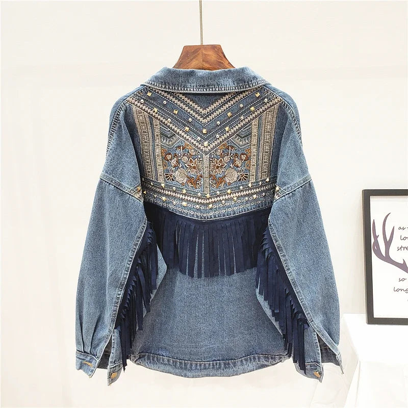 Rivet Embroidery Tassel Denim Jacket Women Loose Long Sleeve Short Outwear Spring Autumn Fashion Black Jeans Jacket Coat Female