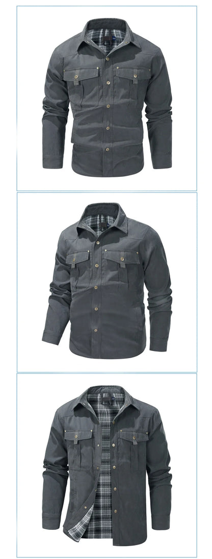 Spring Autumn Mens Flannel Plaid Shirt Jacket Casual Men Retro Lapel Cotton Warm Shirts Men Tactical Windbreaker Jacket Clothing