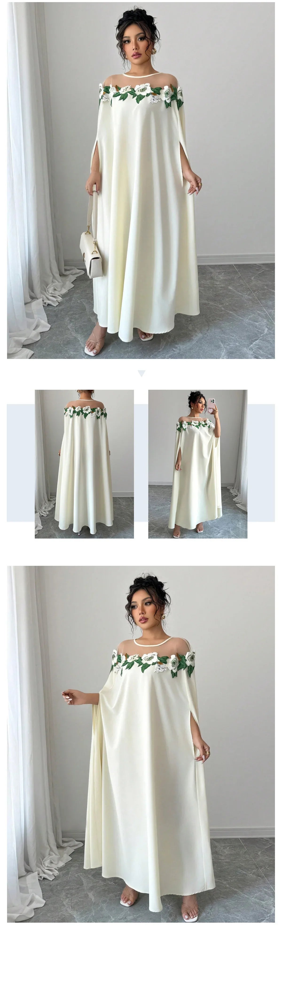 Robe longue de soirée élégante, à la mode, Chic, décoration florale, couleur unie, tempérament de printemps, robe longue ample