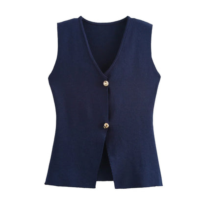 Zevity New Women Fashion V Neck Sleeveless Golden Buttons Knitted Vest Sweater Female Chic Solid Color Slim Cardigan Tops LS6273