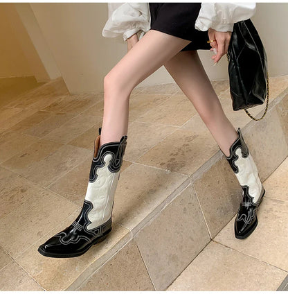 Bottes de cowboy Western Ods pour femmes en cuir véritable brodé, bout pointu, mi-mollet, style rétro, décontractées, de haute qualité