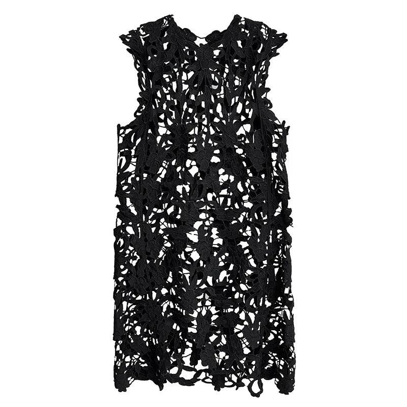 [EWQ] Chic belle Robe européenne à la mode femmes vêtements crochet à motifs découpe Robe sans manches Robe noire 2025 été nouveau