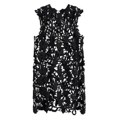 [EWQ] Chic belle Robe européenne à la mode femmes vêtements crochet à motifs découpe Robe sans manches Robe noire 2025 été nouveau