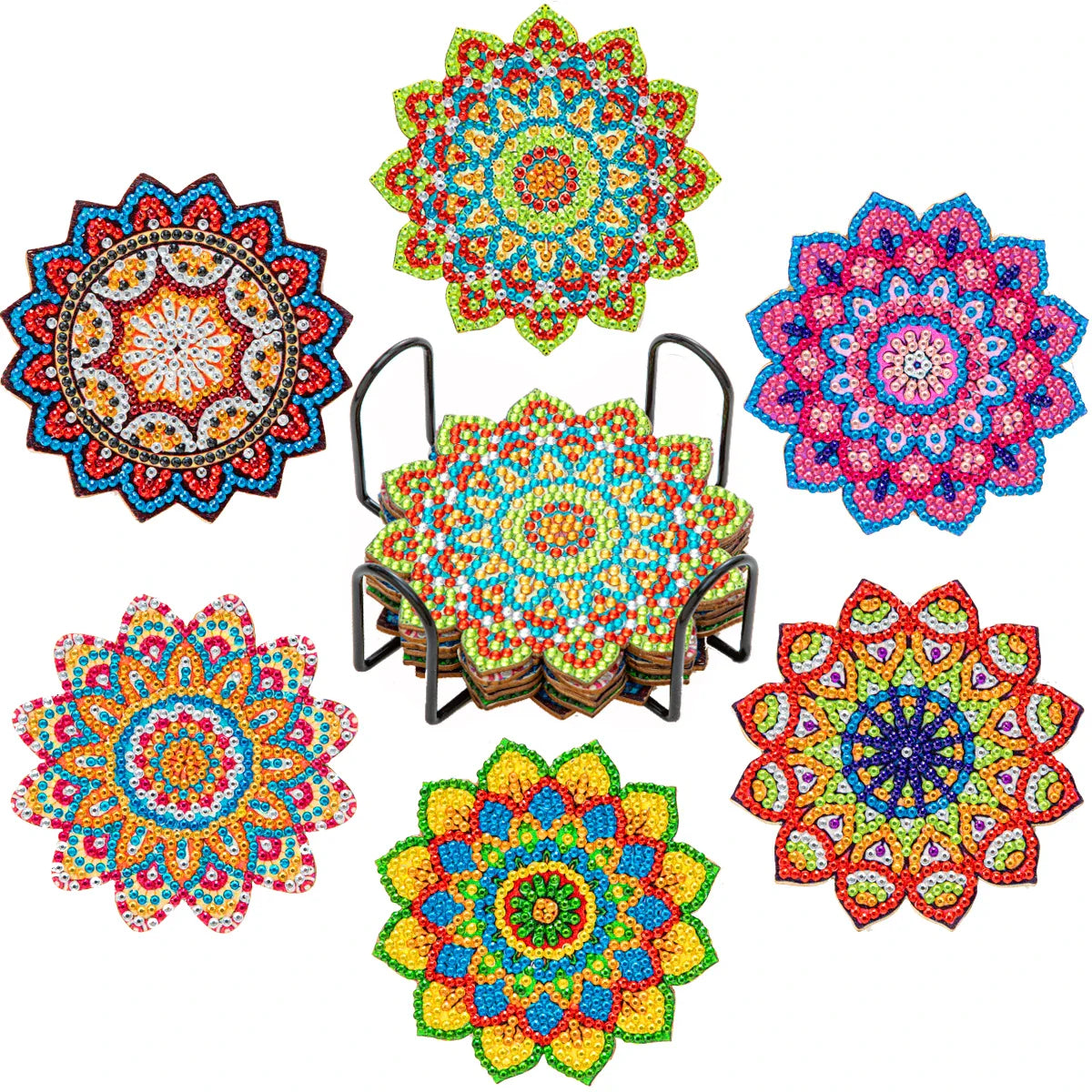 6Pcs DIY Diamond Painting Coasters Mandala Flowers 5D Full Drill Diamond Art Non Slip Coasters with Holder Ideal Christmas Gift