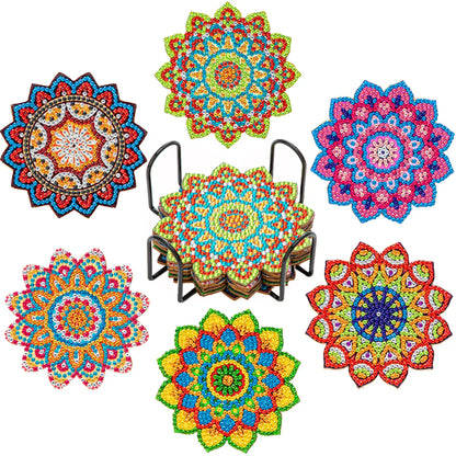 6Pcs DIY Diamond Painting Coasters Mandala Flowers 5D Full Drill Diamond Art Non Slip Coasters with Holder Ideal Christmas Gift
