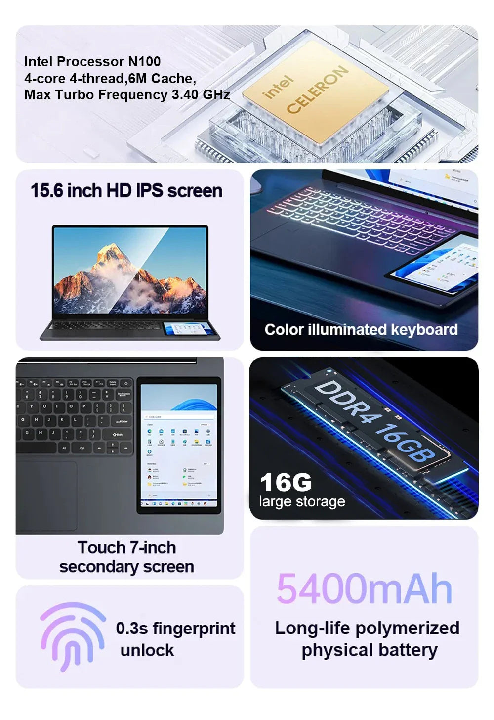 CRELANDER X15 Dual Screen Laptop 15.6" IPS+7" Touch Screen 16G DDR4 2TB SSD Intel N100 Processor Windows11 Notebook Computer