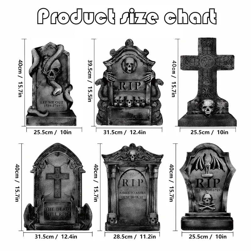 3/6Pcs 2024 Halloween Tombstone Decor Skull Tombstone RIP Letters Bad Omens Haunted House Decor for Patio Garden Frighten Kids