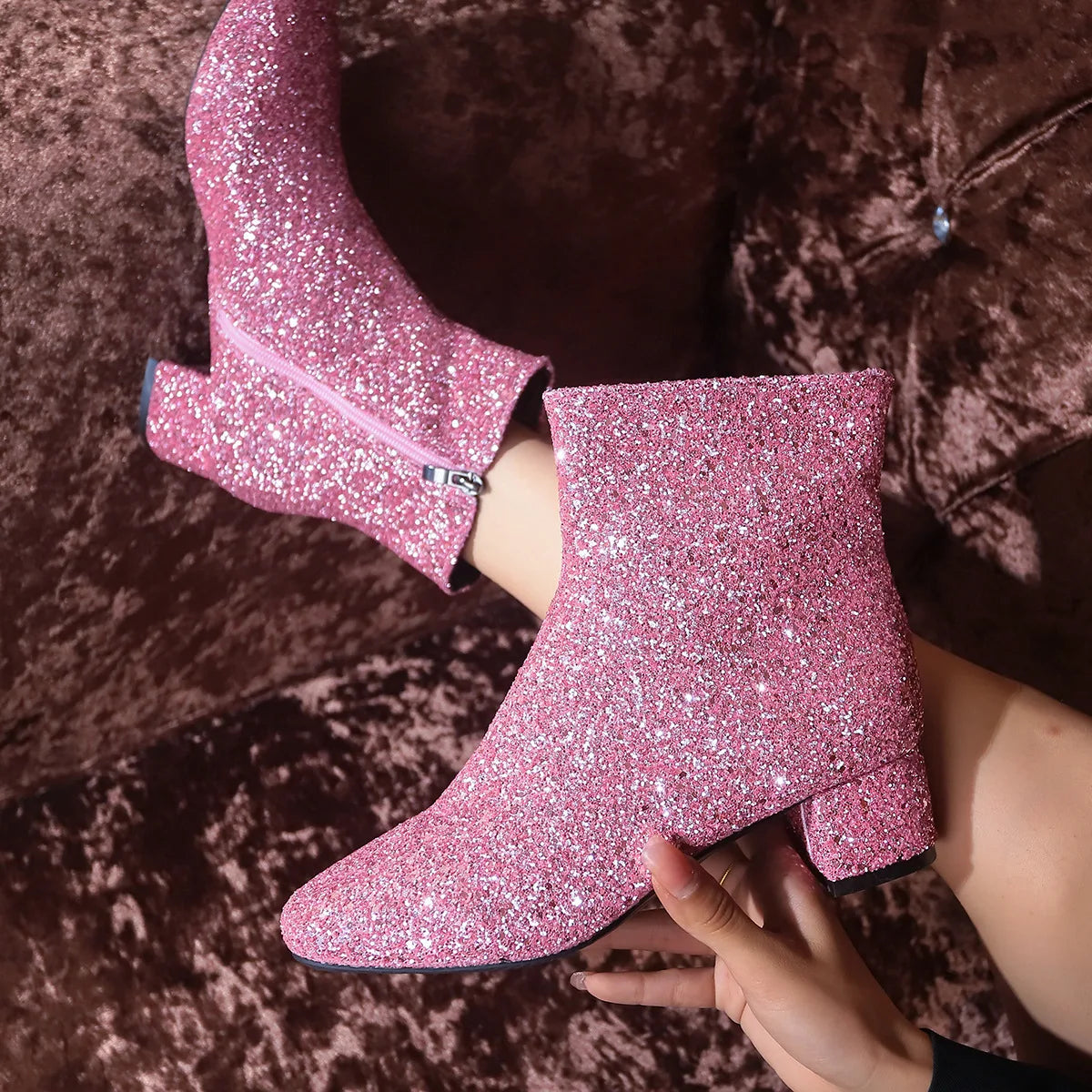 Chaussures pour femmes 2025, bottines d'automne à fermeture éclair latérale, bout pointu, chaussures scintillantes, chaussures de fête à talons bas
