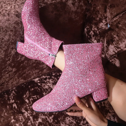 Chaussures pour femmes 2025, bottines d'automne à fermeture éclair latérale, bout pointu, chaussures scintillantes, chaussures de fête à talons bas