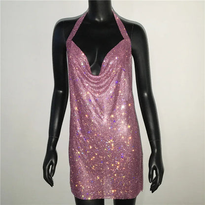 Robe de soirée sexy pour femme Bling Diamante, en cristal et strass, dos nu, pour festival, cocktail, soirée, rave.