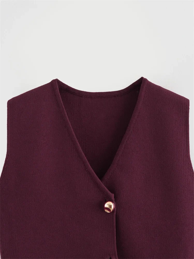 Zevity New Women Fashion V Neck Sleeveless Golden Buttons Knitted Vest Sweater Female Chic Solid Color Slim Cardigan Tops LS6273