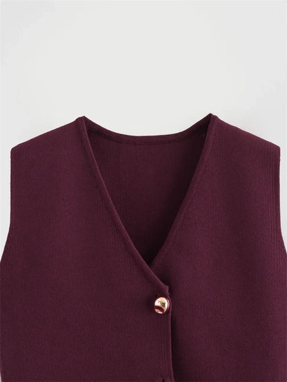 Zevity New Women Fashion V Neck Sleeveless Golden Buttons Knitted Vest Sweater Female Chic Solid Color Slim Cardigan Tops LS6273