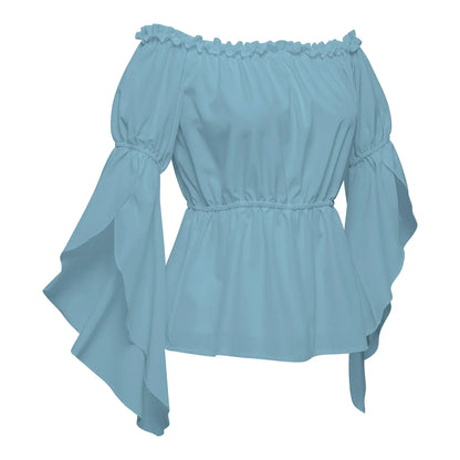 Women's Renaissance Ruffle Blouses, Ruched Sleeve Pleated Blouse, Off Shoulder Boat Neck Medieval Shirt, Victorian Shirt