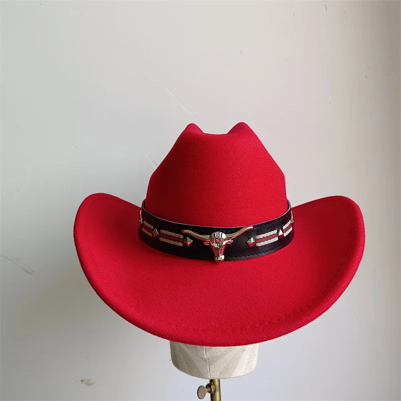 Ethnic Style Cowboy Hat Fashion Chic Unisex Solid Color Jazz Hat With Bull Shaped Decor Western Cowboy Hats
