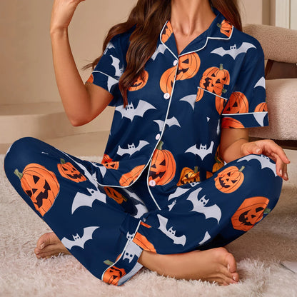 Women Halloween Pajama Set, Pumpkin Bat Print Short Sleeve Button Closure Shirt with Pants Sleepwear Loungewear
