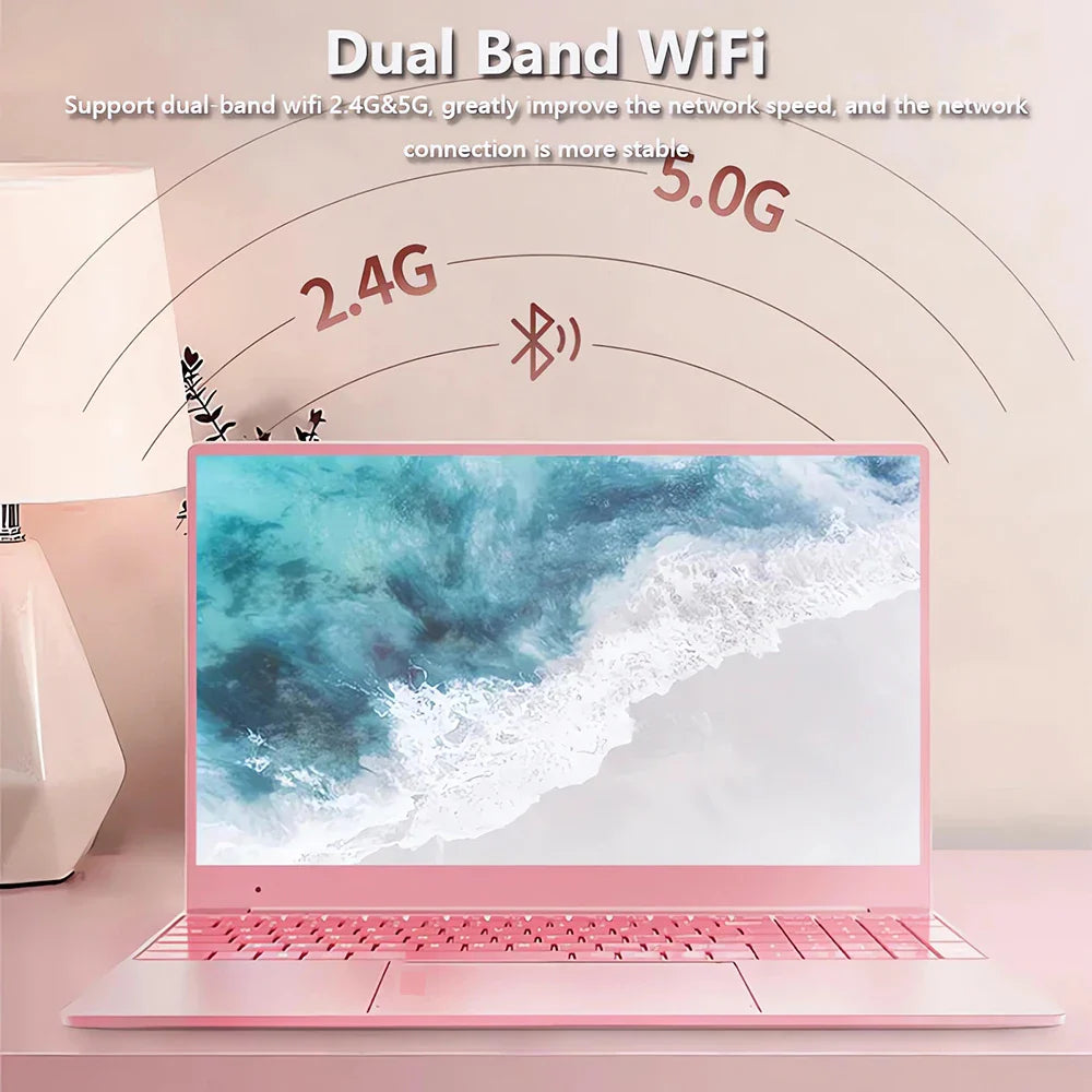 Ordinateur portable Celeron N5095 de 11e génération - Win 10/11, 16 Go 32 Go de RAM, SSD de 128 Go à 2 To. Wi-Fi 2,4 G/5,0 G et Bluetooth, clavier rose élégant.