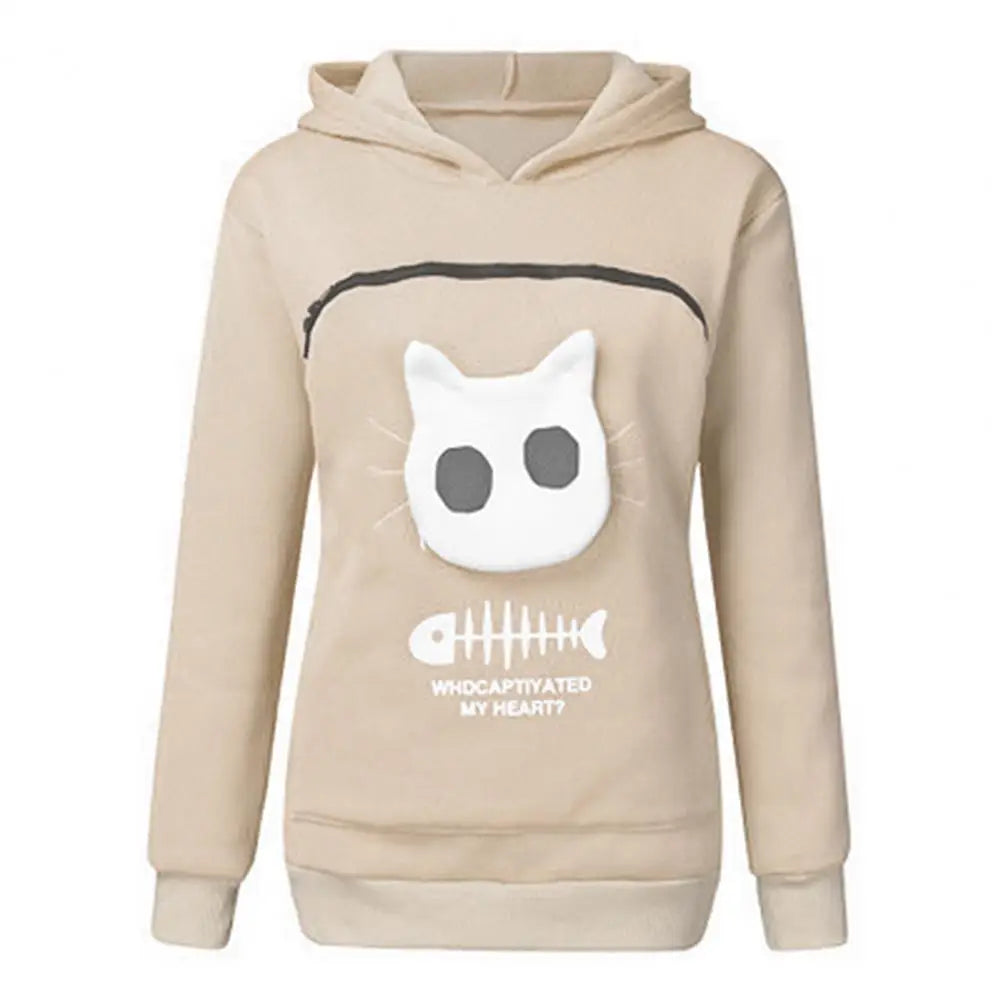 Super Big Pocket Women Sweatshirt Can Put In A Cat Kangaroo Pouch Women Hoodie Fish Bone Print Hoodie Pets Holder Sweatshirt