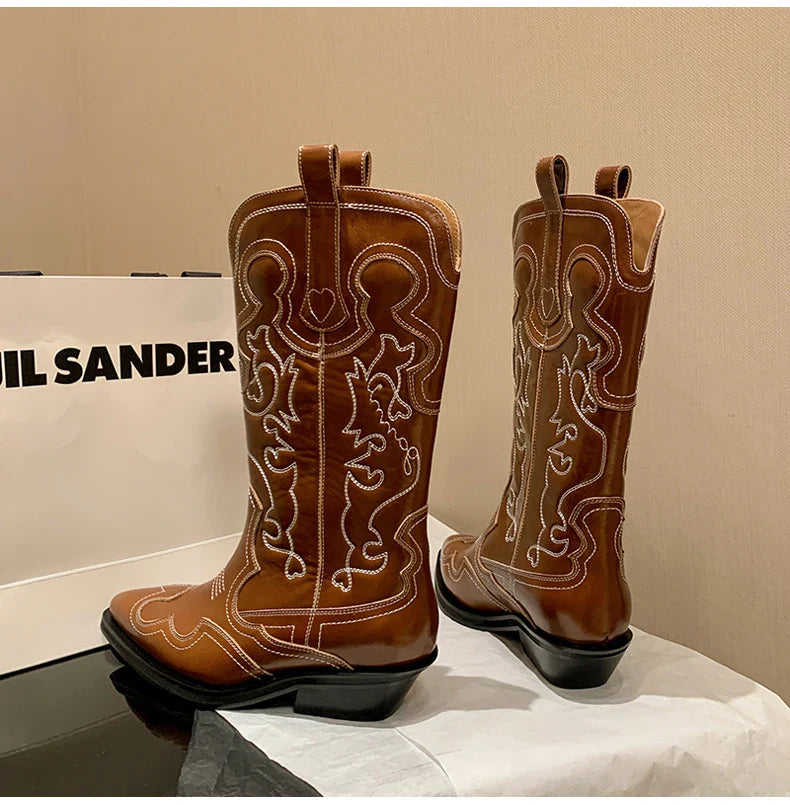 Ods Cowboy Western Boots For Women Real Leather Embroidered Pointed Toe Mid-calf Western Boot Retro Fashion Casual High Quality
