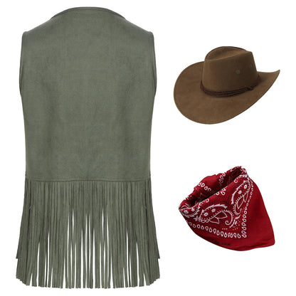 Women Cowboy Vest Halloween Party Western Cowgirl Cosplay Costume Faux Suede Tassel Fashion Rivets Waistcoat with Bandanna Hat