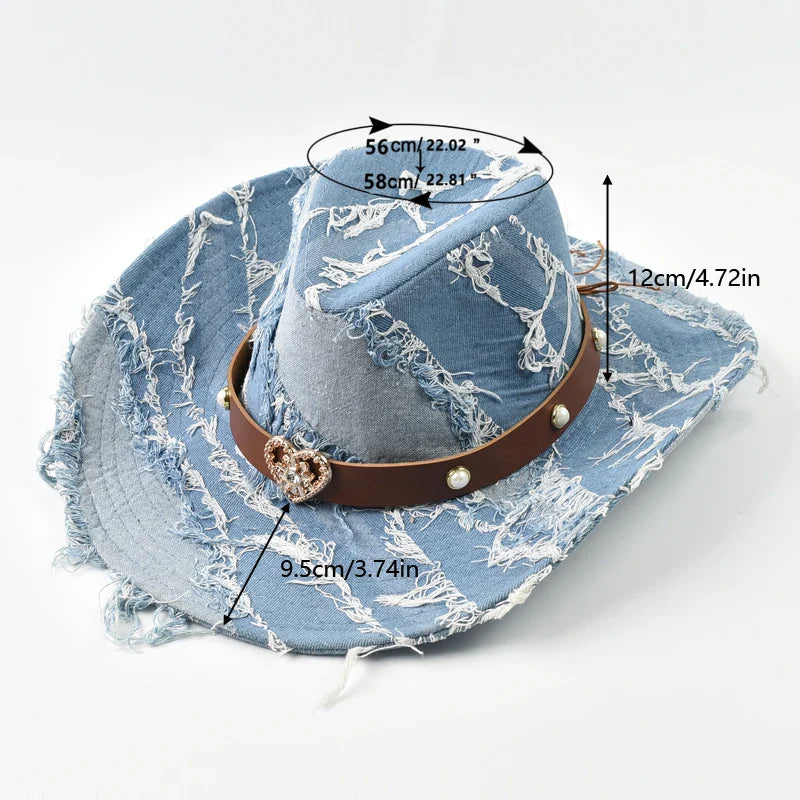 Chapeau de cow-boy occidental pour femmes et hommes en jean délavé, style cowgirl jazz, adapté pour un usage quotidien décontracté, une fête de cow-boys western, un bar cow-boy