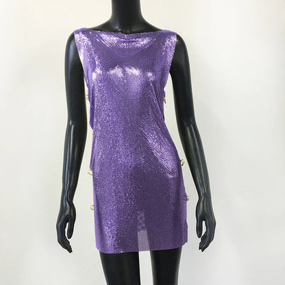 Shiny Y2k Metallic Sequins Mini Dresses For Women Sleeveless Backless Sexy Low Cut See Through Sexy Solid Clubwear Party Dress