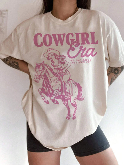 T-shirt imprimé lettre graphique « Cowgirl à cheval », col rond, manches courtes, printemps-été
