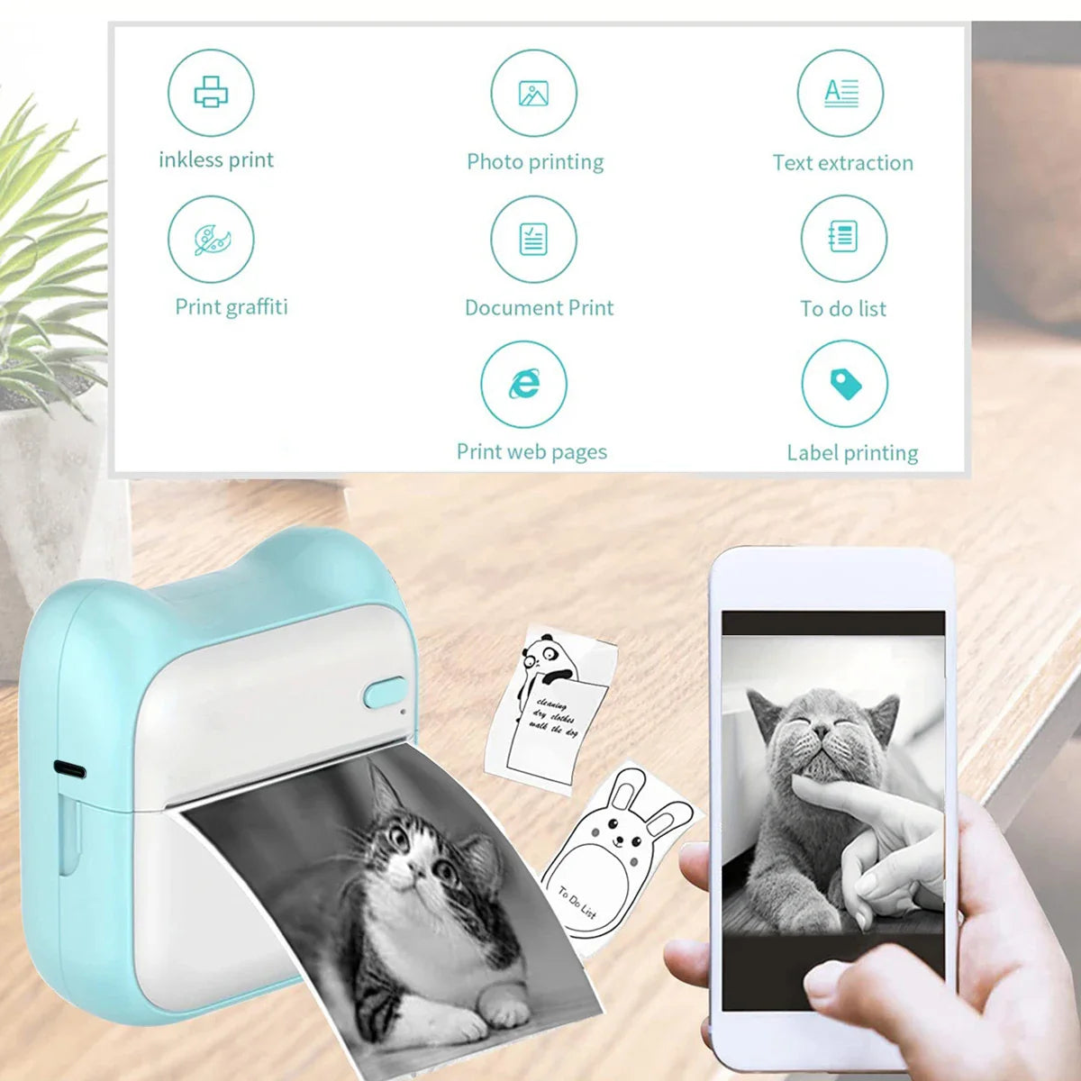 Mini Printer, Portable Thermal Printer Efficiently and Quickly, Inkless Pocket Photo Printer for Study Notes, Pictures, DIY