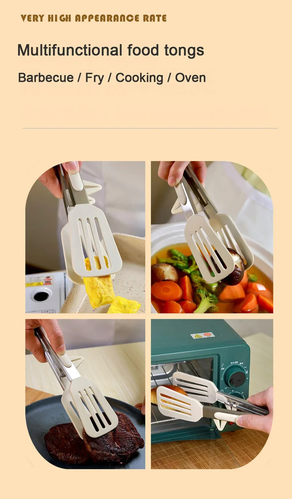 9" Stainless Steel Food Tongs, Non-Stick Silicone Cooking Tongs, Outdoor Salad and Bread Utensils, Kitchen Accessories
