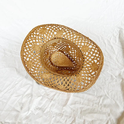 Ethnic Style Western Cowboy Straw Hats Women Handmade Hollowed Sun Hats Shapeable Beach Hat Panama with Detachable Chin Strap