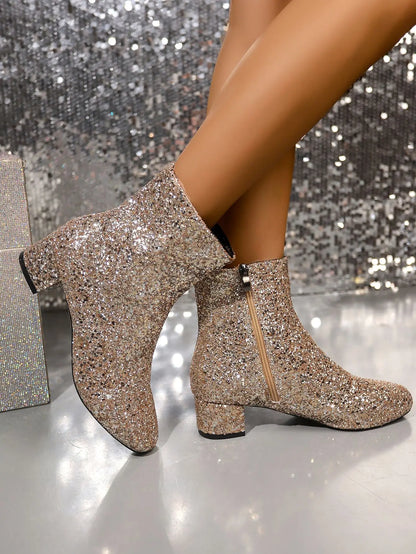 Boots Women Christmas Glitter Zipper Chunky Heel Ankle Boot Sequins Round Toe Chunky Heels Ankle Boots Party Shoes for Women