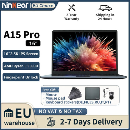 Ninkear A15 Pro Laptop AMD Ryzen 5 5500U 16 inch 120Hz 2560*1600 Display Screen 16GB 512GB Fingerprint Unlock Notebook Computer
