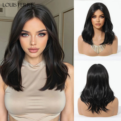Brown Blonde Ombre Synthetic Wigs for Women Medium Length Wavy Layered Wigs With Side Bangs Daily Party Heat Resistant Fake Hair