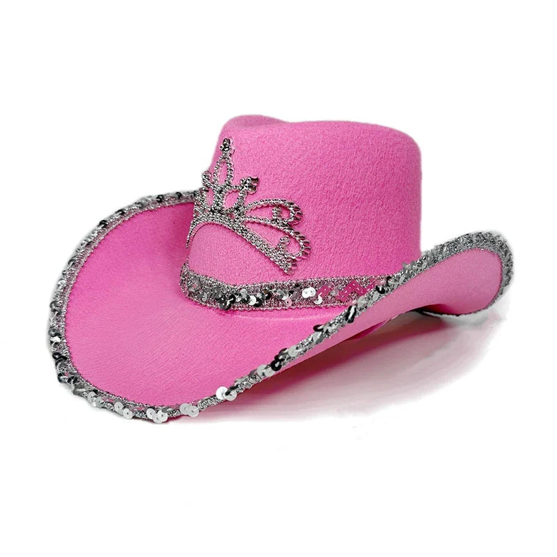 Chapeau de Cowboy Rose pour Femmes Filles Chapeau Western à Large Bord Chapeau à Paillettes Scintillantes pour Spectacle Costume de Cowgirl pour Fête de Mariage