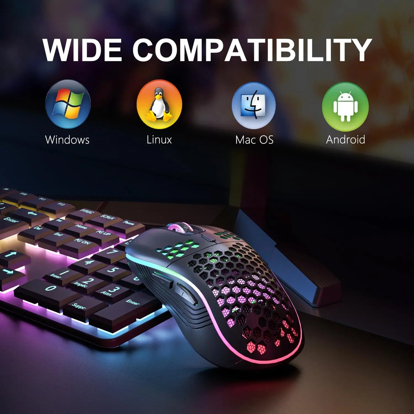 2.4G Wireless Mouse with RGB Backlit 6-button 3-speed DPI Type C Rechargeable Ergonomic Honeycomb Design Gaming Mouse