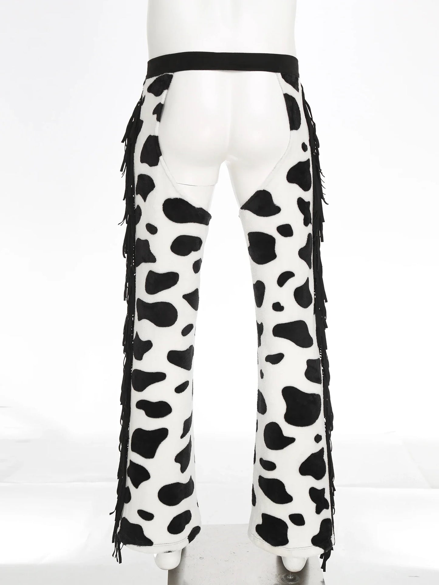 Men Halloween Cowboy Cosplay Costume Cow Print Flannel Pants Adjustable Waist Side Tassel Open Crotch Cowboy Chaps Rave Party