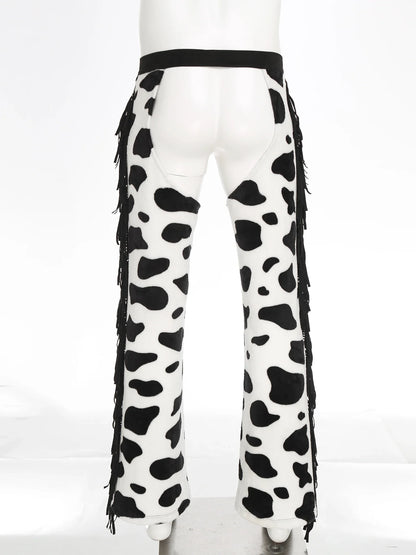 Men Halloween Cowboy Cosplay Costume Cow Print Flannel Pants Adjustable Waist Side Tassel Open Crotch Cowboy Chaps Rave Party