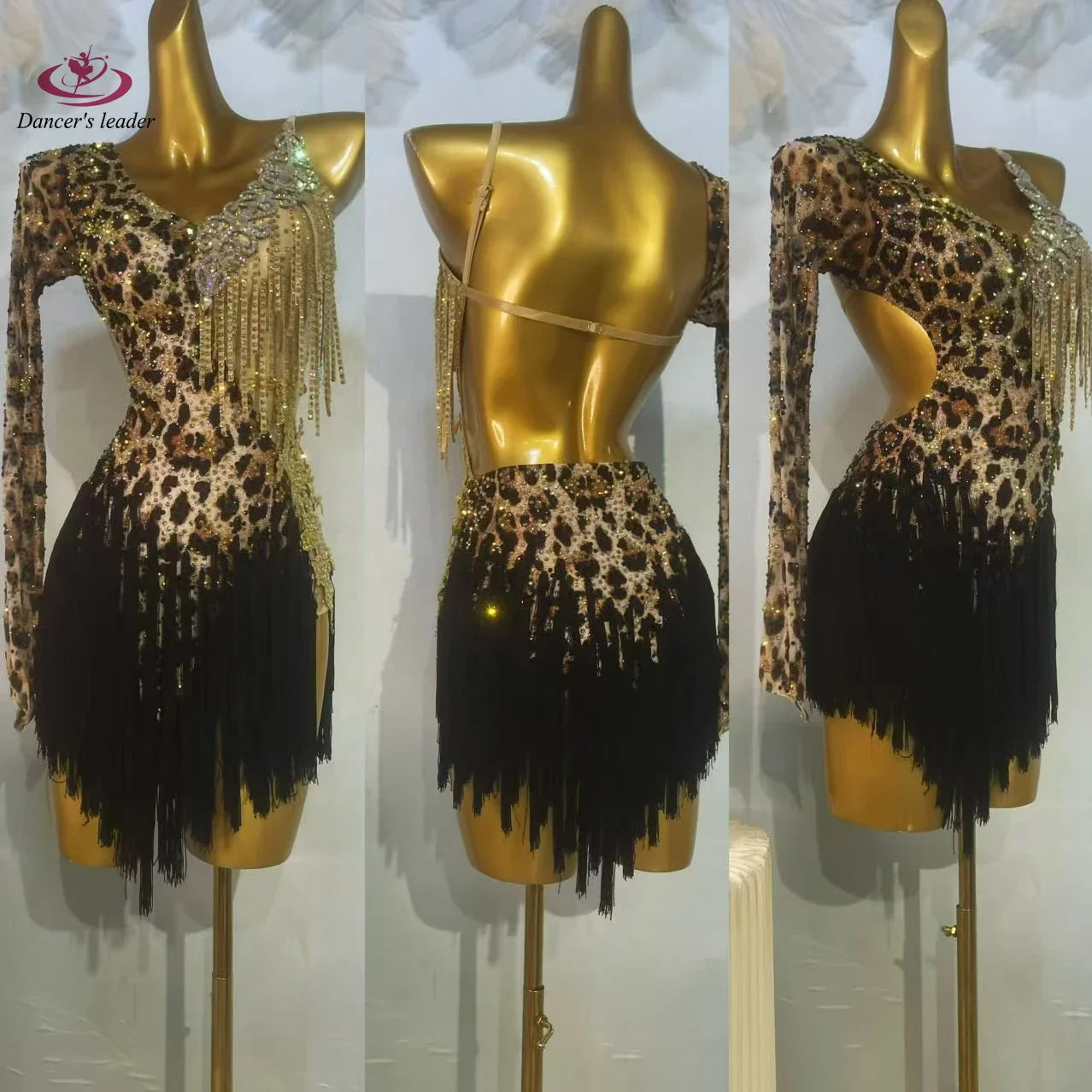 Robe de danse latine haut de gamme, personnalisée, coupe ajustée, imprimé léopard, jupe à franges noire, Samba Tango, costume de scène pour femmes adultes