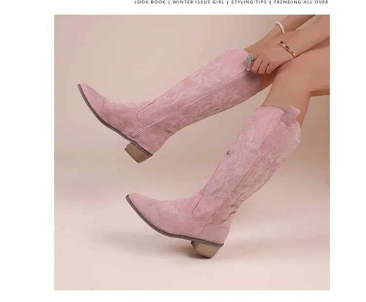 Bottes hautes à talon épais, amincissantes et longues, ne dépassant pas le genou, brodées, style rétro western cowboy, Nouvelle Collection Hiver 2025