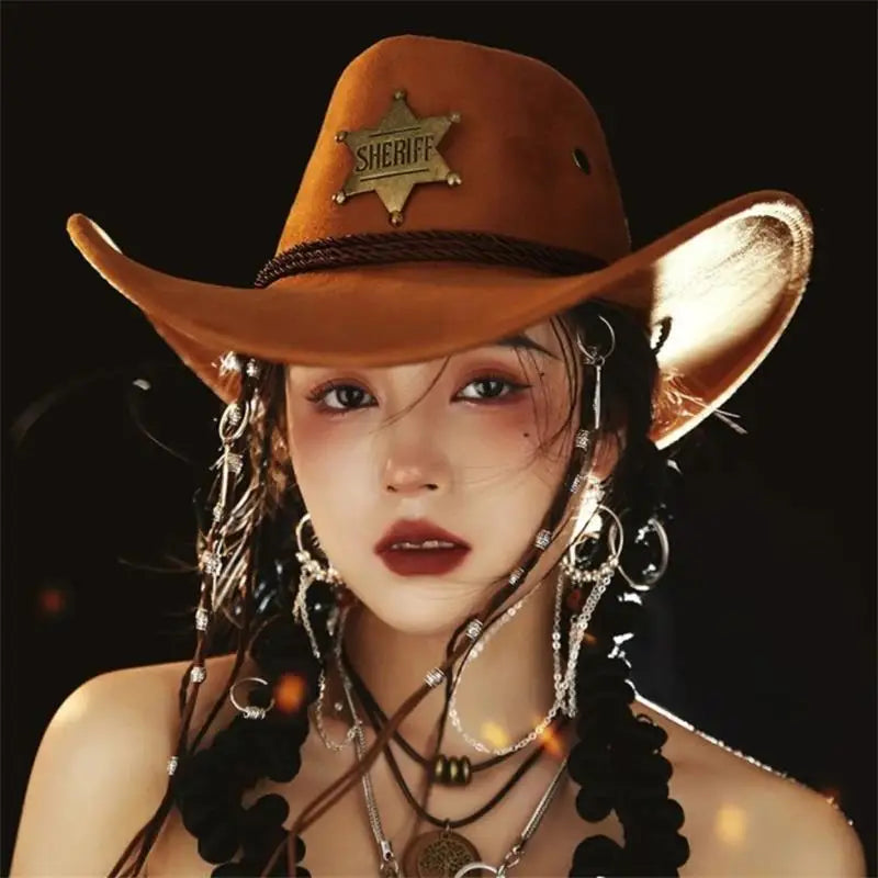 Western Wild West Sheriff Hat With Five Star Party Costume For Men Lady Jazz Cowgirl Wide Cowboy Hat Unique Star Badge Decors