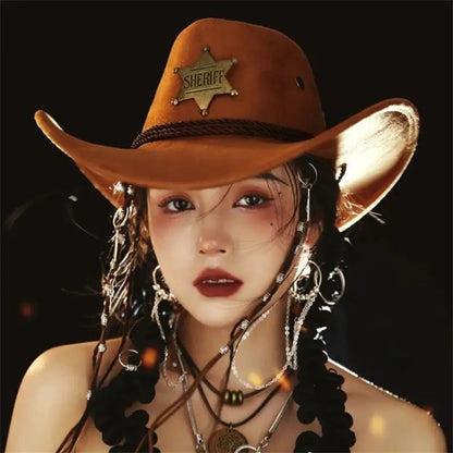 Western Wild West Sheriff Hat With Five Star Party Costume For Men Lady Jazz Cowgirl Wide Cowboy Hat Unique Star Badge Decors