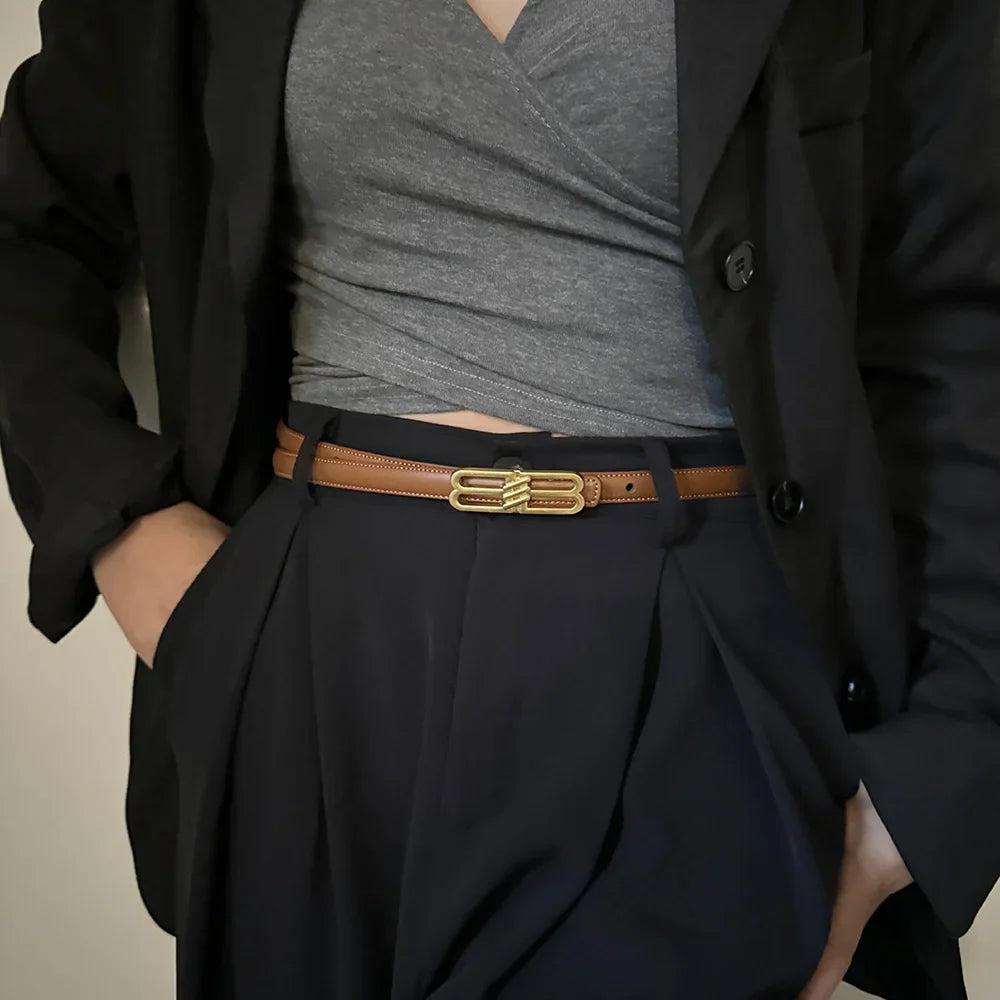 Women's genuine cowhide leather belt, luxury bb bucket, elegant design, denim belt, thin belt