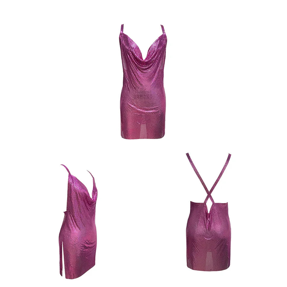 YOUR BUMP CURVE Shiny Cool Metal Sequin V Neck Sleeveless Backless Cross Side Irregular Mini Sexy Ladies Yacht Club Metal Dress