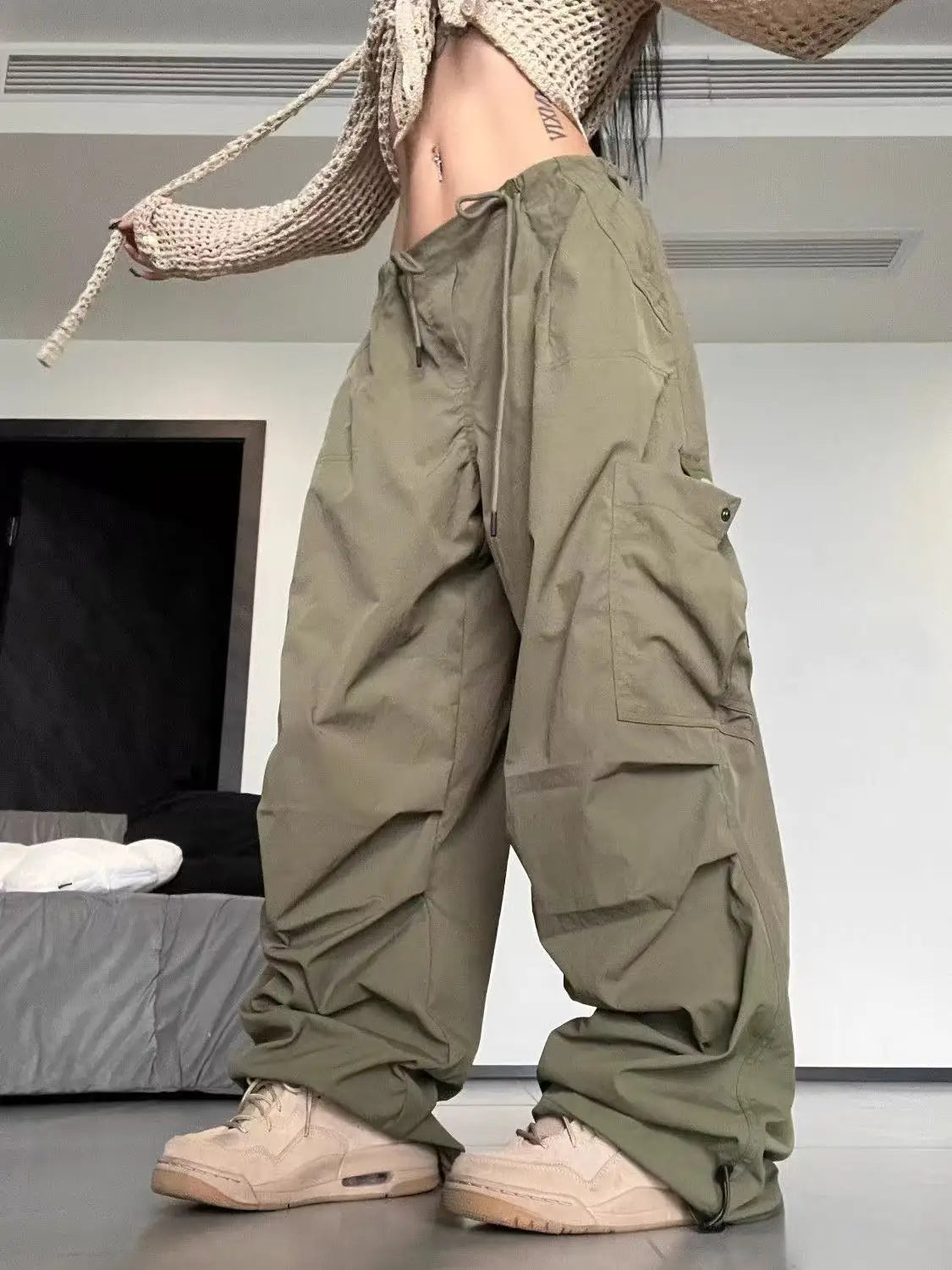 American Vintage Loose Cargo Pants Women Casual Street Personality Women's Cargo Pants Drawstring Design New Spring Trousers